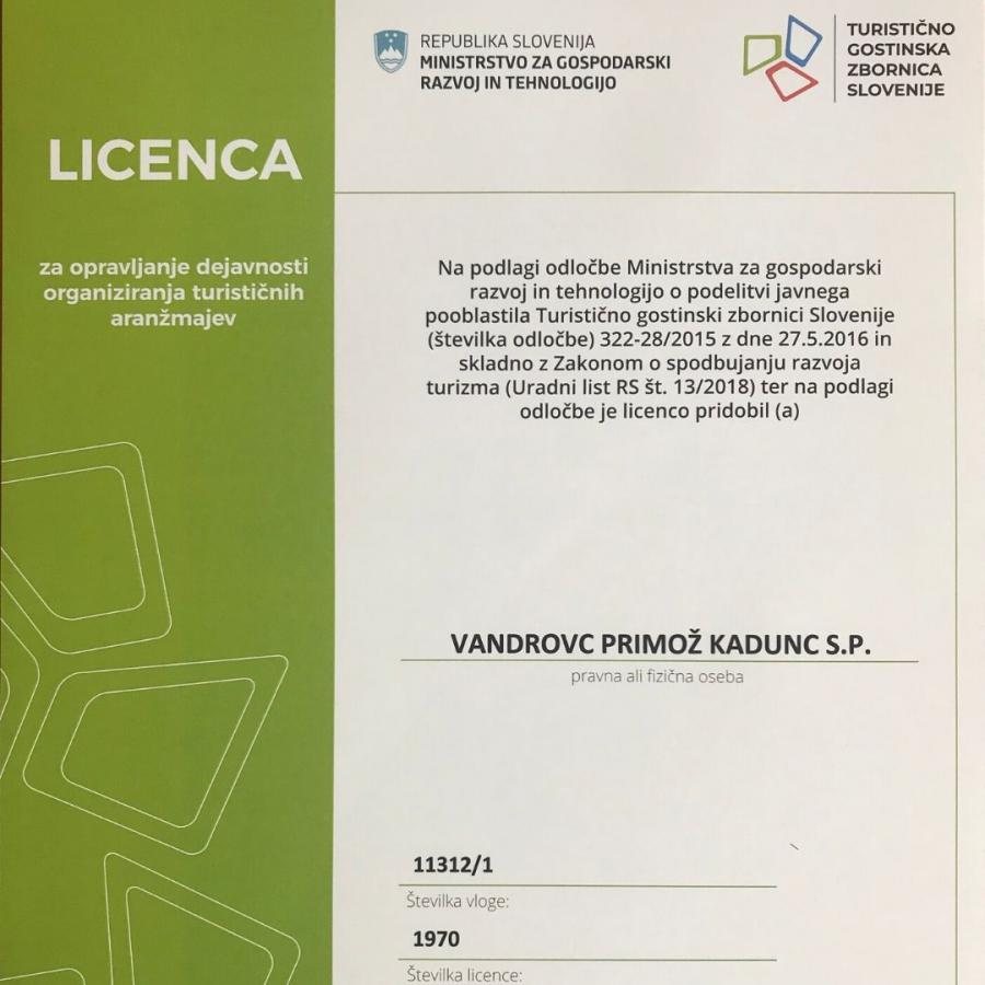 Vandrovc-Globetretter, License for organizing tourist products